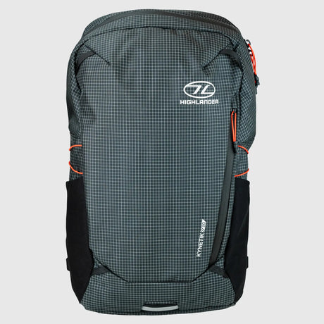 Highlander Kynetik Rucksack 20L in Black - front view with zipped front pocket and orange bungee cords