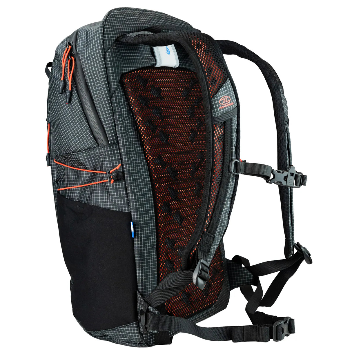 Highlander Kynetik Rucksack 20L in Black - angled rear view showing the orange airflow mesh back panel and harness