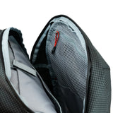Highlander Kynetik Rucksack 20L in Black - main compartment unzipped showing the grey lining and zipped mesh pocket