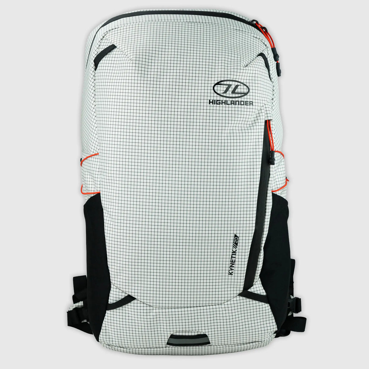 Highlander Kynetik Rucksack 20L in White - front view with zipped front pocket and orange bungee cords
