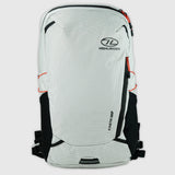Highlander Kynetik Rucksack 20L in White - front view with zipped front pocket and orange bungee cords
