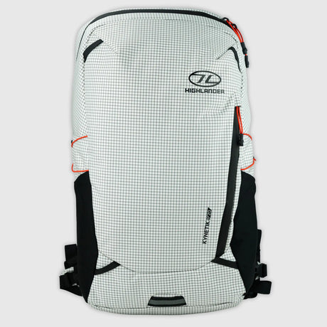 Highlander Kynetik Rucksack 20L in White - front view with zipped front pocket and orange bungee cords