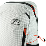Highlander Kynetik Rucksack 20L in White - close-up of the Highlander logo, front zip and orange bungee cord