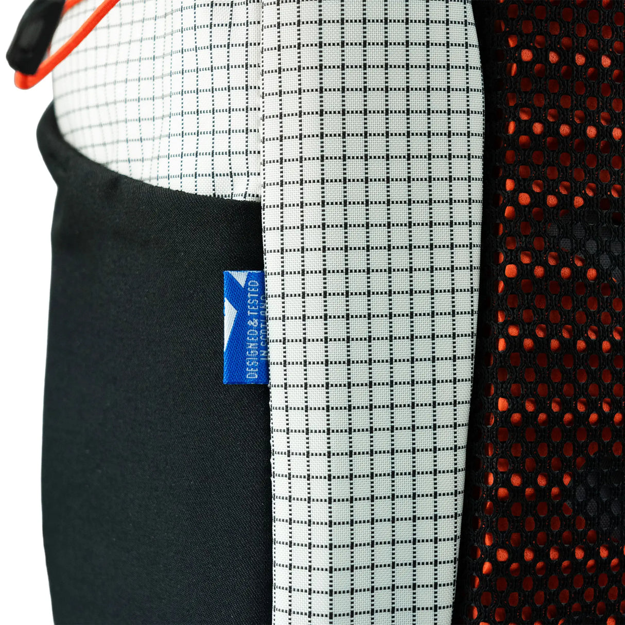 Highlander Kynetik Rucksack 20L in White - close-up of the Designed and Tested in Scotland saltire label