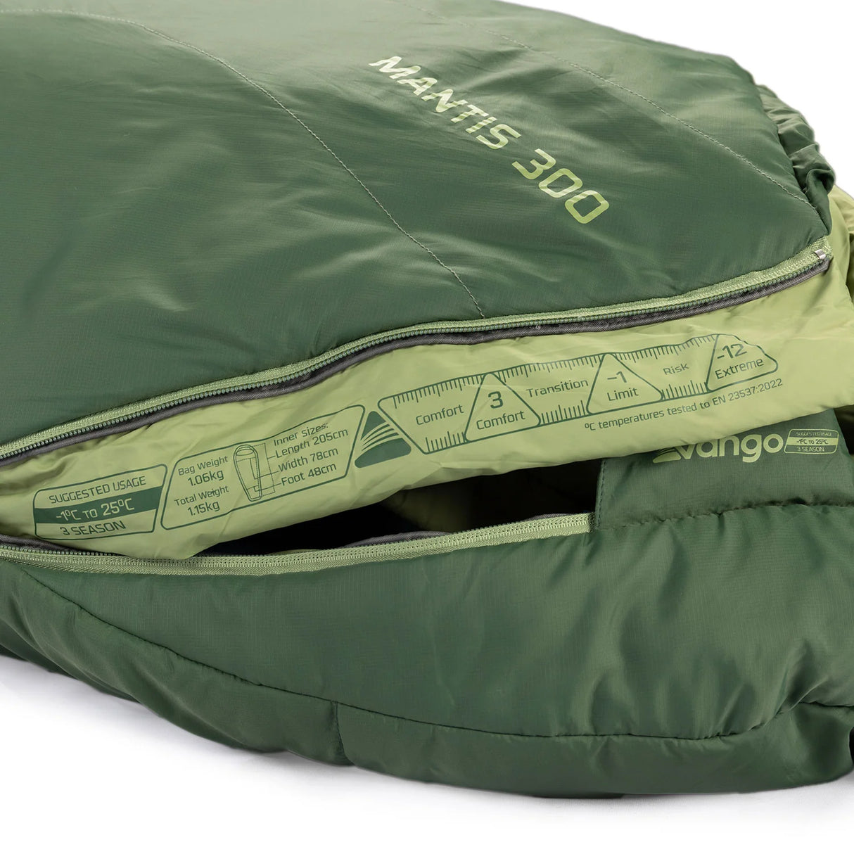 Vango Mantis 300 Sleeping Bag in pine green on white background