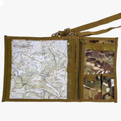 Highlander Military Folding Map Case in HMTC Camo - open showing PVC map window with map inside and compass and accessory pockets