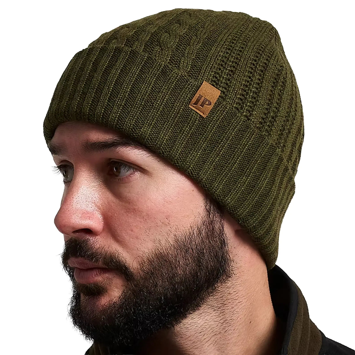 Jack Pyke Merino Wool Beanie Hat in olive green from the front left on white background