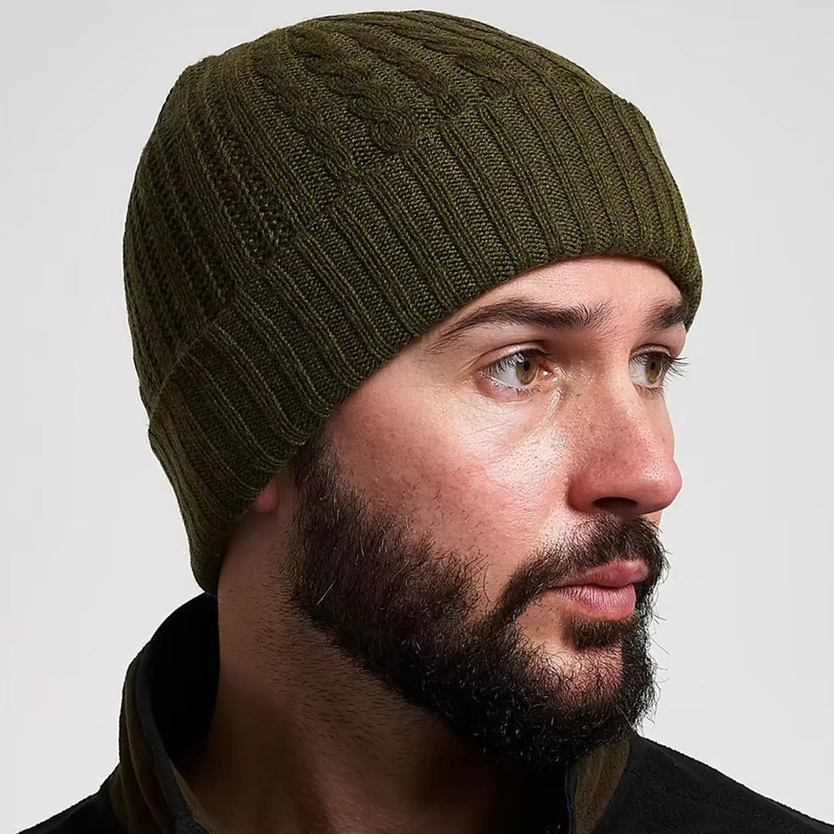 Jack Pyke Merino Wool Beanie Hat in olive green from the front right on white background