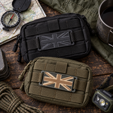 Black and Green/Tan 3D printed mini Union Jack patches clipped onto MOLLE pouches with a map, compass and mug