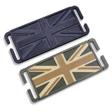 Task 3D printed mini Union Jack MOLLE patch in Black and Green/Tan, side by side