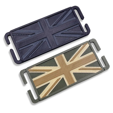 Task 3D printed mini Union Jack MOLLE patch in Black and Green/Tan, side by side