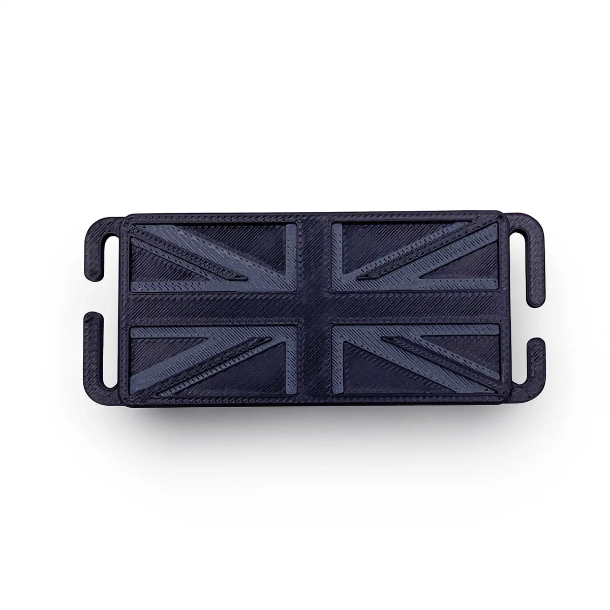 Black 3D printed mini Union Jack patch, front view showing the MOLLE clip tabs