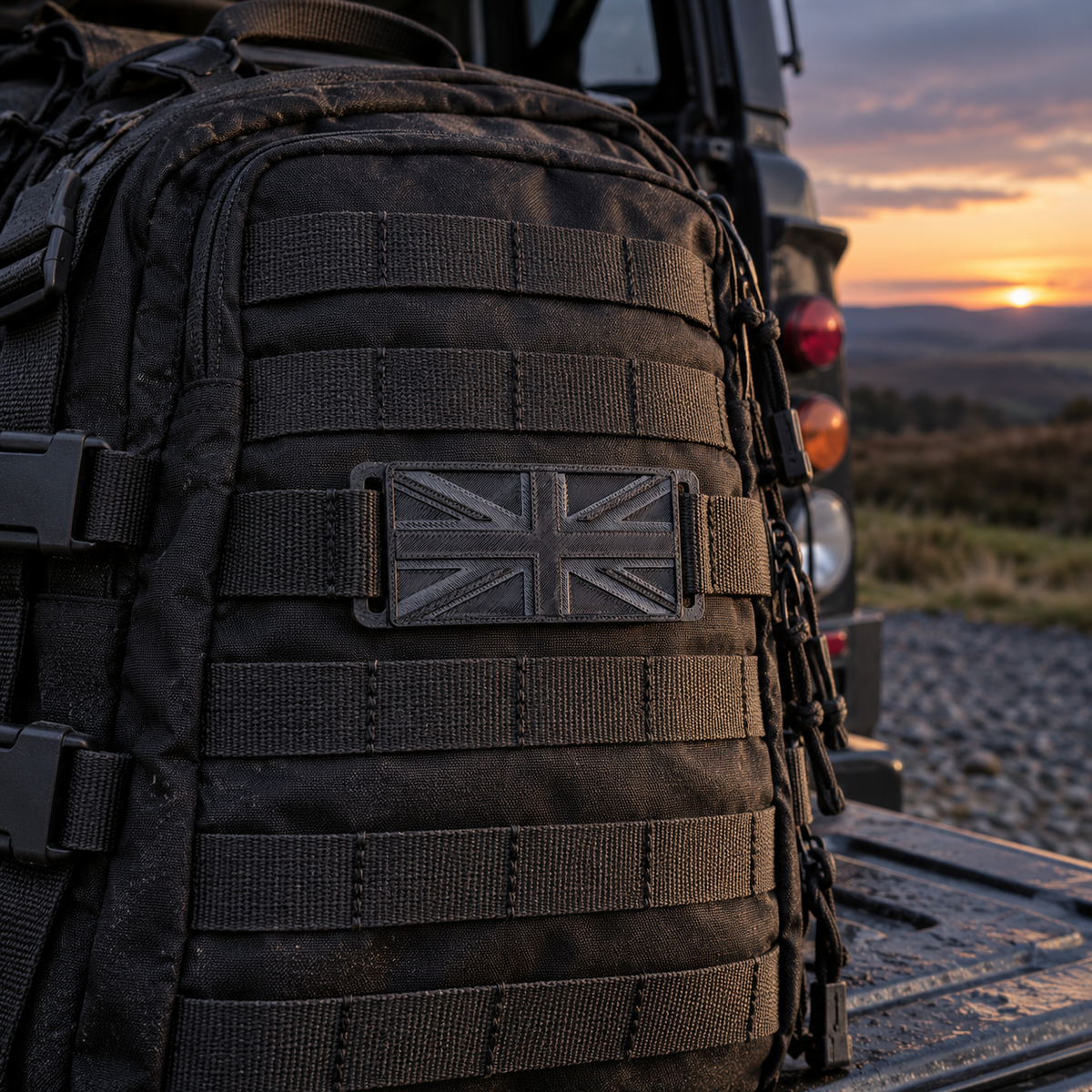 Black mini Union Jack patch mounted on the MOLLE webbing of a black rucksack at sunset