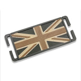 Green/Tan mini Union Jack MOLLE patch at an angle, showing the raised crosses