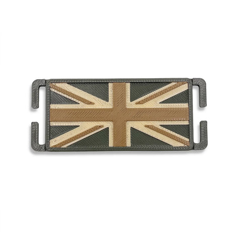 Green/Tan 3D printed mini Union Jack patch, front view in olive green, sand and coyote