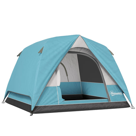 Outsunny 3-4 Person Camping Tent - Navy Blue & Light Blue pitched front view