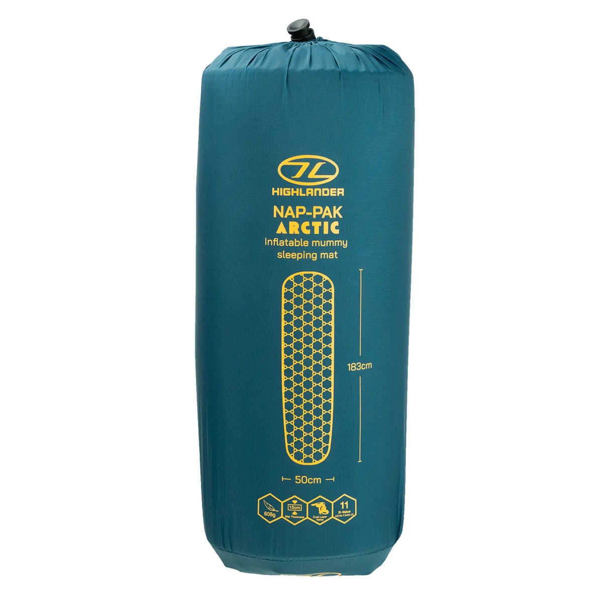 Highlander Nap-Pak Arctic R11 Mummy Lite Inflatable Sleeping Mat stuff sack on white background