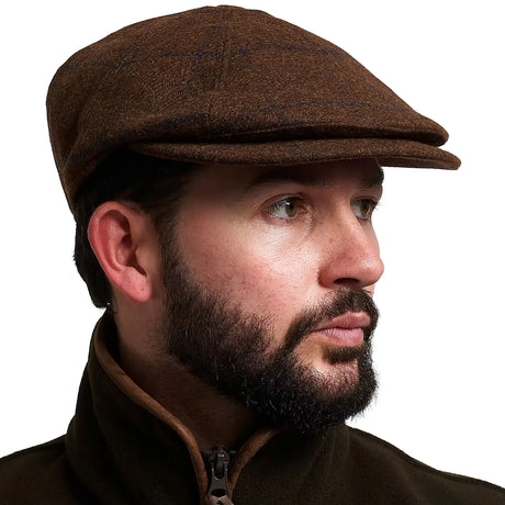 Jack Pyke Newsboy Cap in brown tweed from the front left on white background