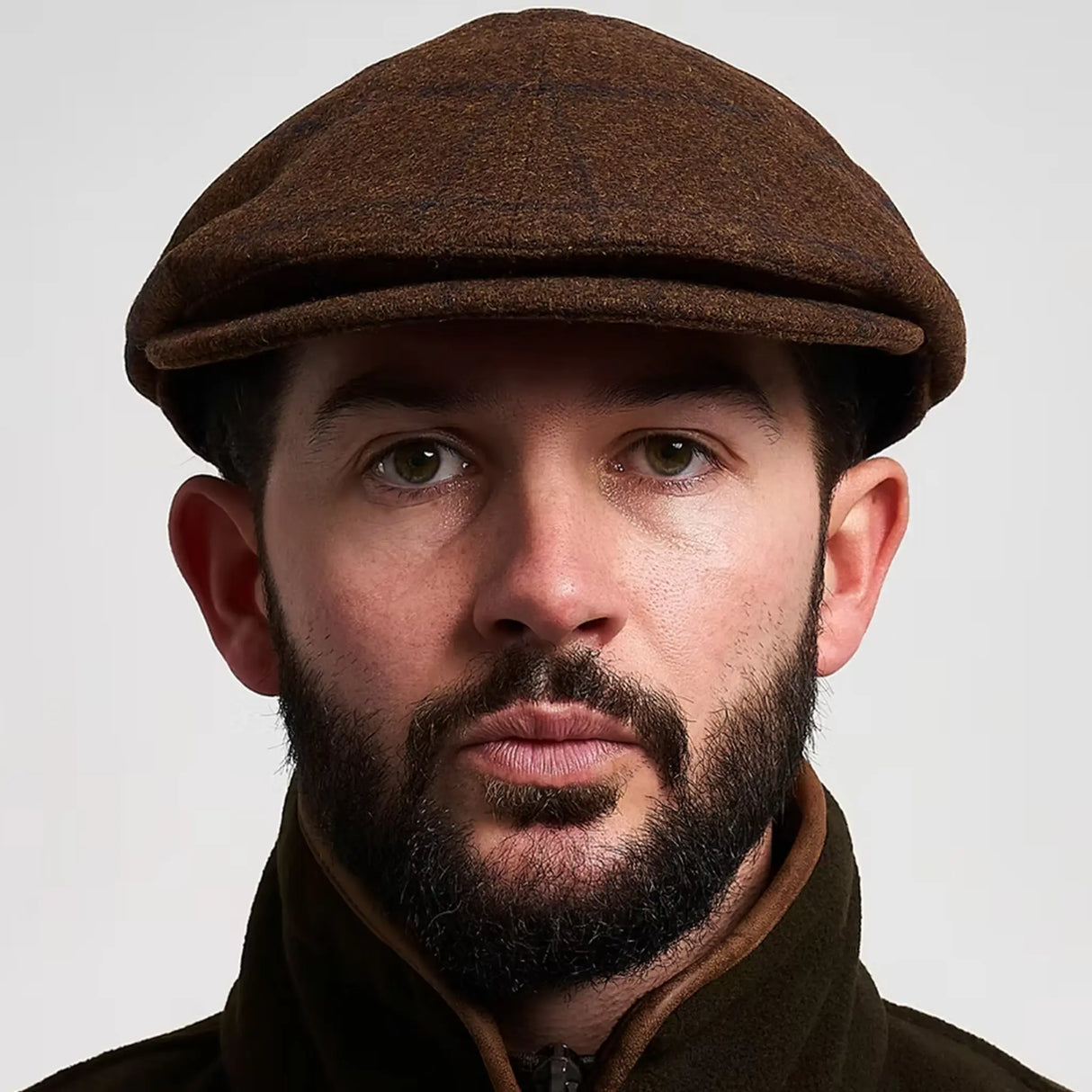 Jack Pyke Newsboy Cap in brown tweed from the front on white background