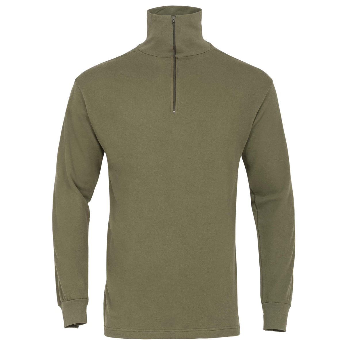 Highlander Norwegian Army Shirt in Ranger Green, front view with the quarter zip and high collar