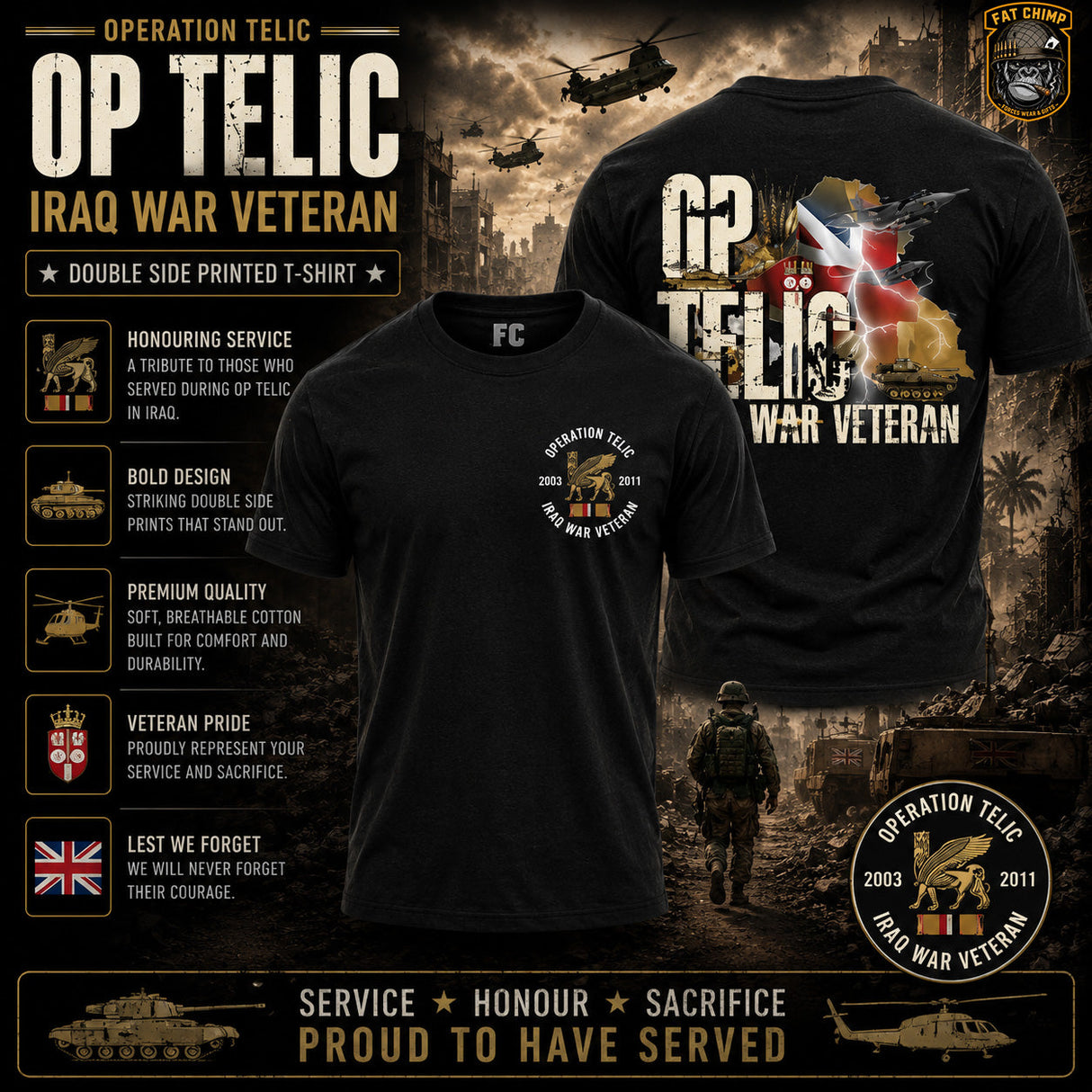 OP Telic Iraq War Zone Veteran Double Side Printed T-Shirt - Design