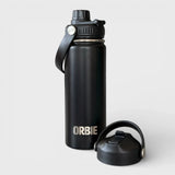 Orbie 18oz insulated water bottle in black with the chug lid fitted and the sip lid standing alongside