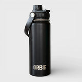 Black Orbie 18oz insulated bottle with the chug lid fitted and the strap handle hanging down the side