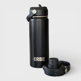 Orbie 18oz insulated water bottle in black with the sip lid fitted and the chug lid standing alongside