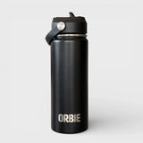 Black Orbie 18oz insulated bottle with the low-profile sip lid fitted