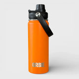 Orange Orbie 18oz insulated bottle with the chug lid fitted and the strap handle folded over
