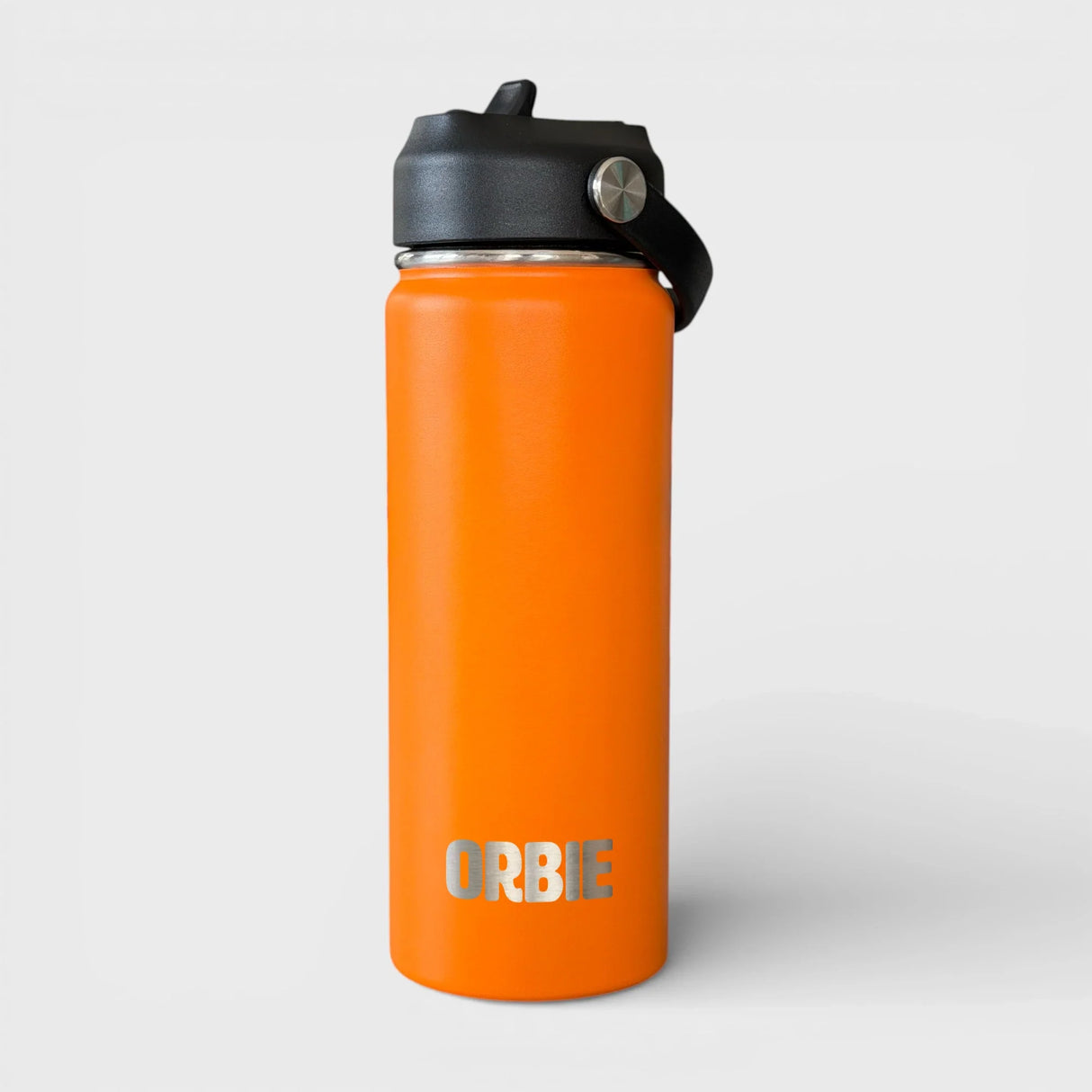 Orange Orbie 18oz insulated bottle with the low-profile sip lid fitted