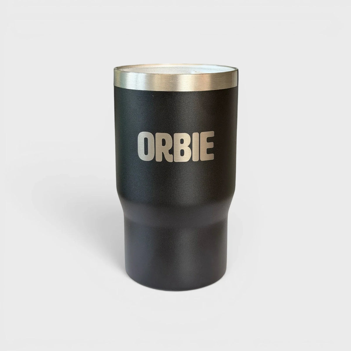 Orbie 12oz insulated cup in black, showing the waisted body, brushed steel rim and laser-etched Orbie wordmark