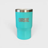 Orbie 12oz insulated cup in turquoise, showing the waisted body, brushed steel rim and laser-etched Orbie wordmark