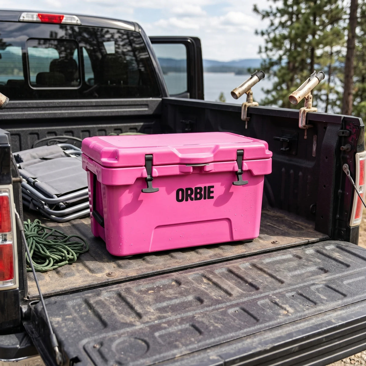 Pink Orbie 35 cool box in the load bed of a pickup truck by a lake, with rod holders behind