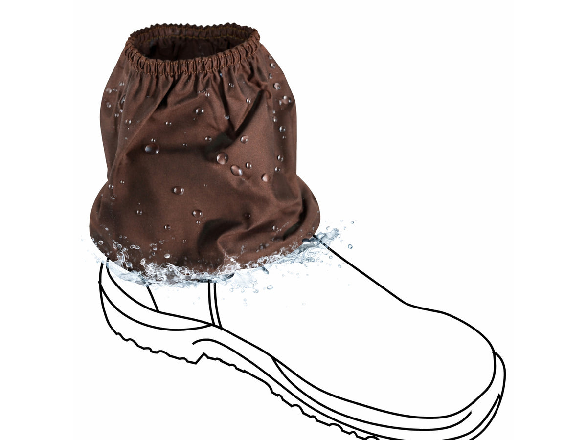 Brown Oz OverBoots oilskin sox saver over a boot with water beading on the fabric