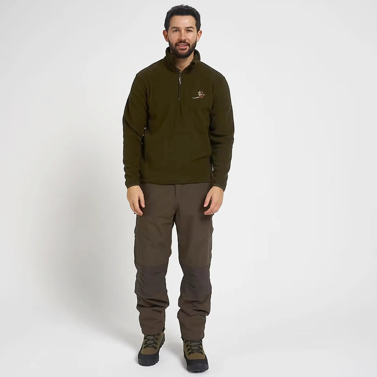 Jack Pyke Pheasant Fleece Pullover in Dark Olive from the front at distance on white background