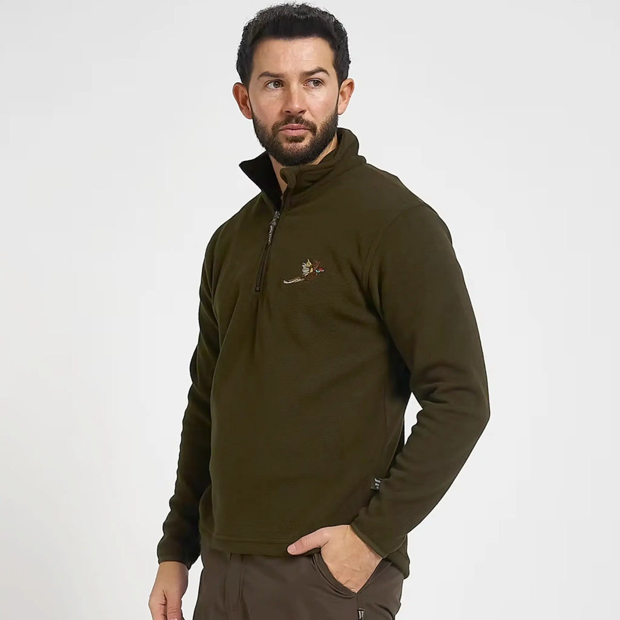 Jack Pyke Pheasant Fleece Pullover in Dark Olive from the front right on white background