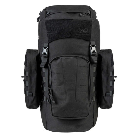 Highlander Pinnacle Rucksack 50L in Black - front view with both side pouches fitted