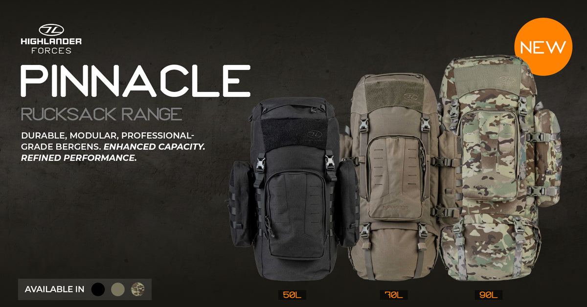 Highlander Forces Pinnacle Rucksack range - All three colours and sizes, front view on a black background