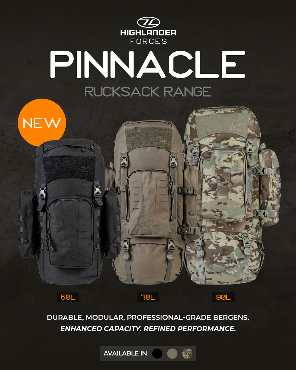 Highlander Forces Pinnacle Rucksack range - All three colours and sizes, front view on a black background