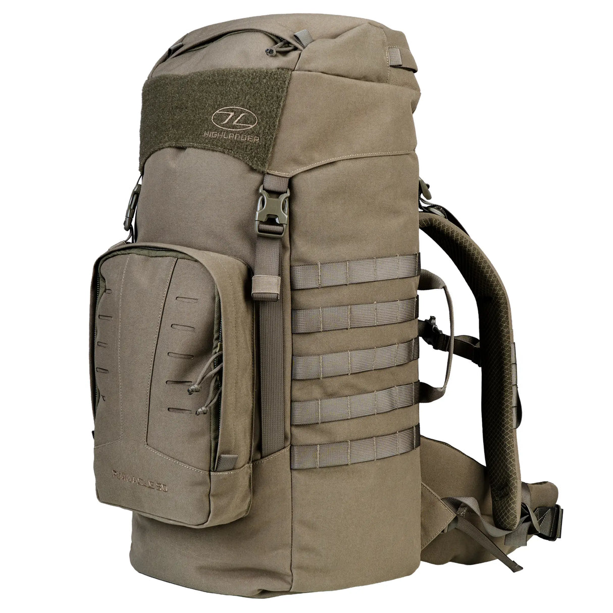 Highlander Pinnacle Rucksack 50L in ranger green from the front left on white background