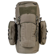 Highlander Pinnacle Rucksack 50L in Ranger Green - front view with both side pouches fitted