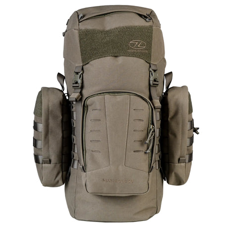 Highlander Pinnacle Rucksack 50L in Ranger Green - front view with both side pouches fitted