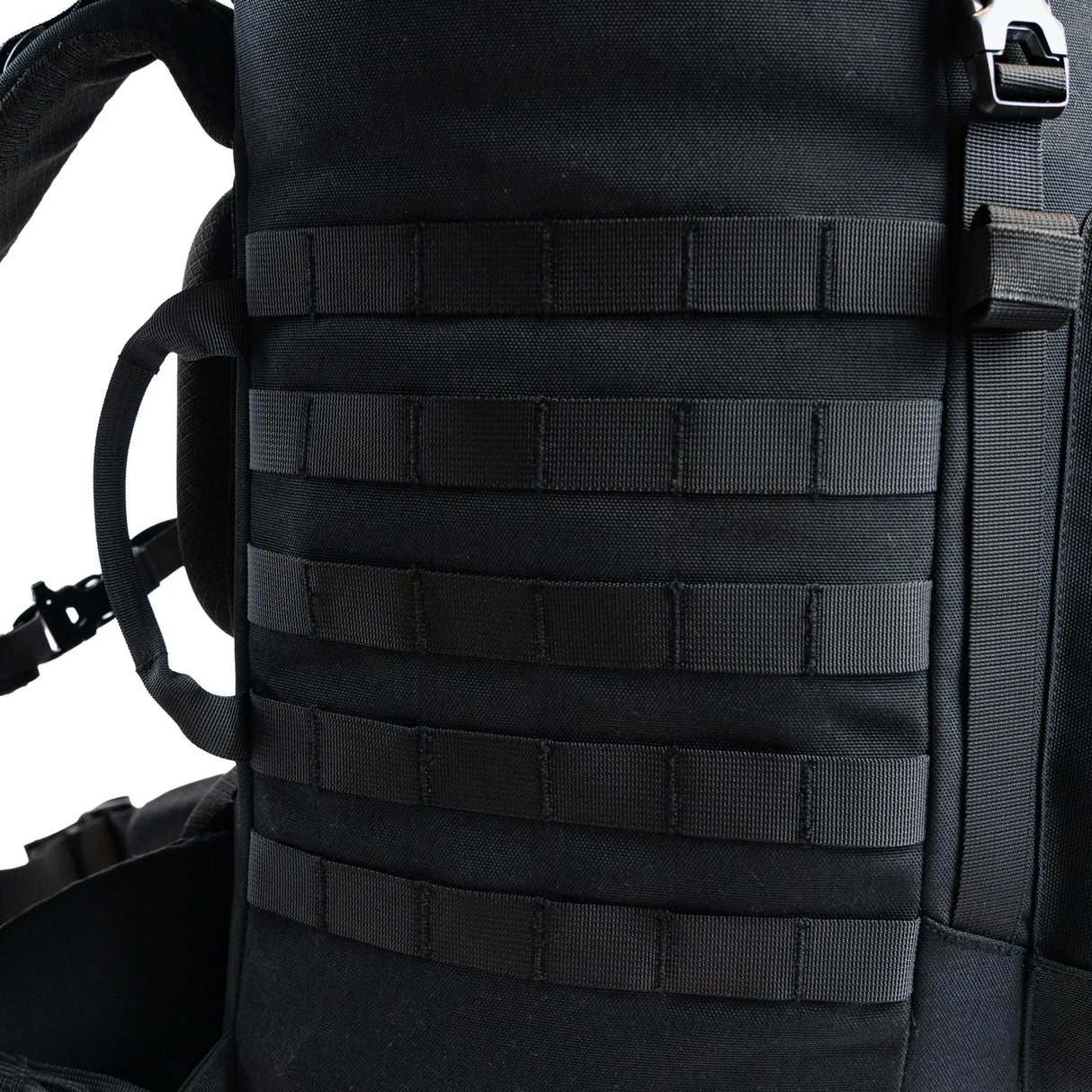 Highlander Pinnacle Rucksack 70L in black close up of MOLLE loops