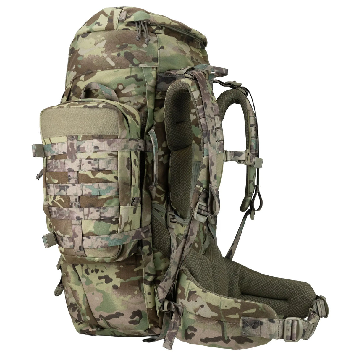 Highlander Pinnacle Rucksack 70L in hmtc camo side on white background