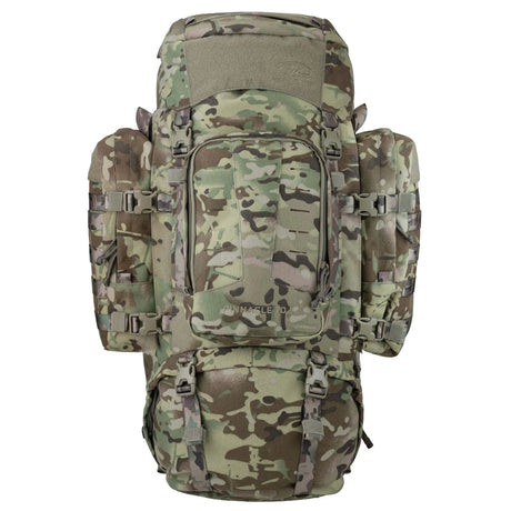 Highlander Pinnacle Rucksack 70L in HMTC Camo - front view with both side pouches fitted