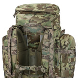 Highlander Pinnacle Rucksack 70L in hmtc camo close up of back on white background