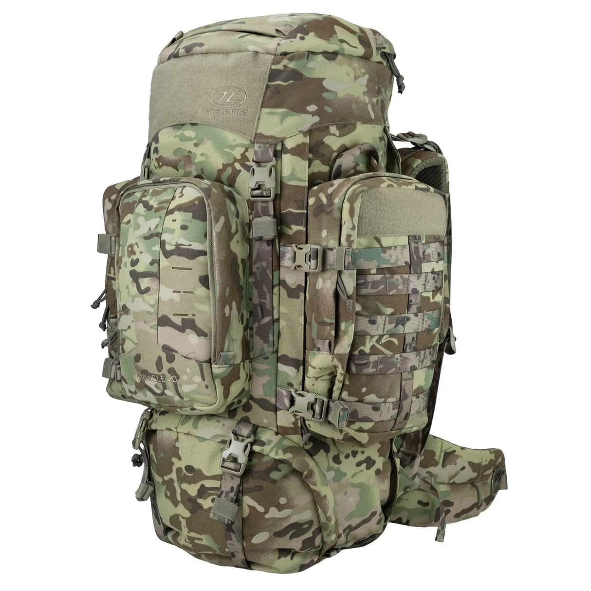 Highlander Pinnacle Rucksack 70L in hmtc camo front on white background