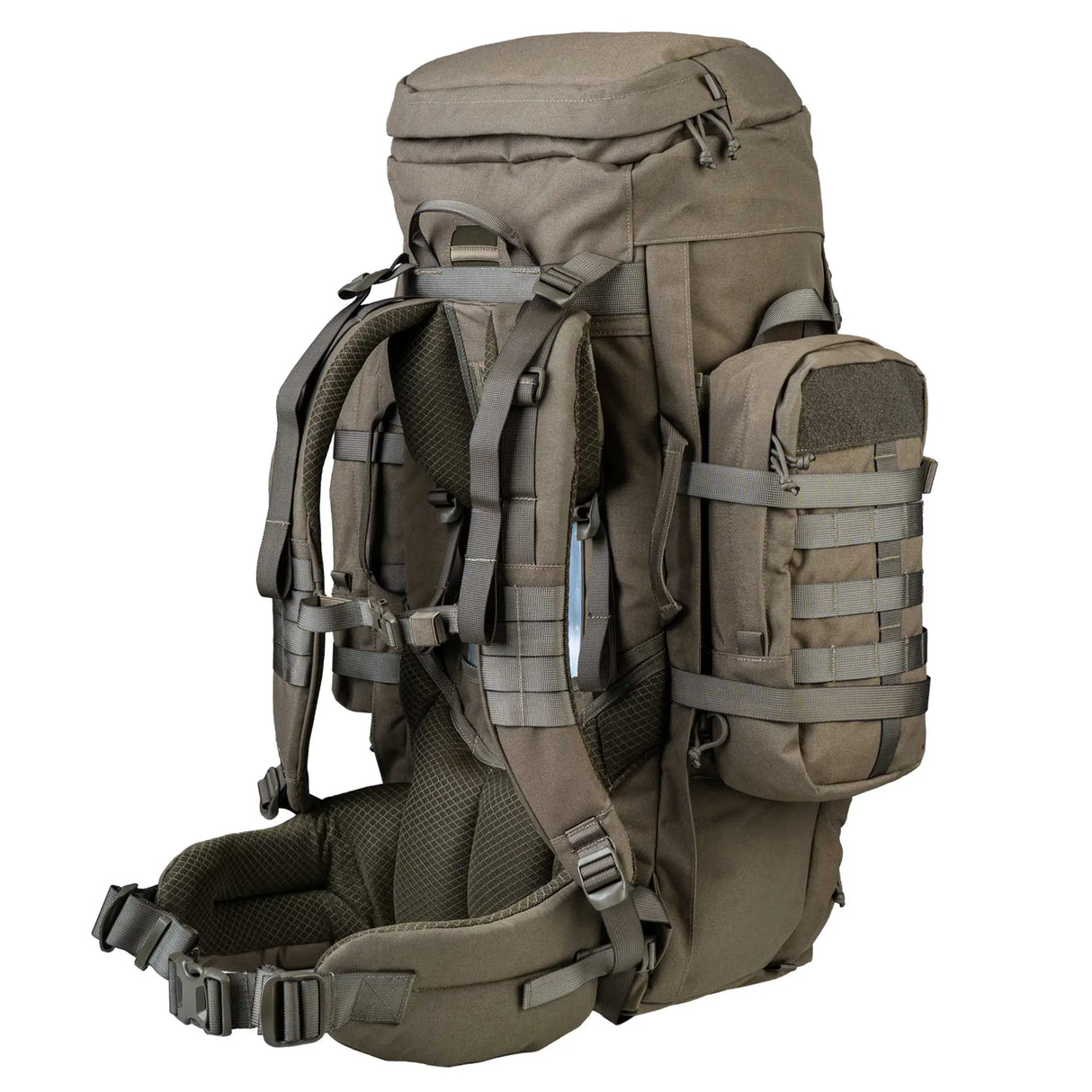 Highlander Pinnacle Rucksack 70L in ranger green back side on white background
