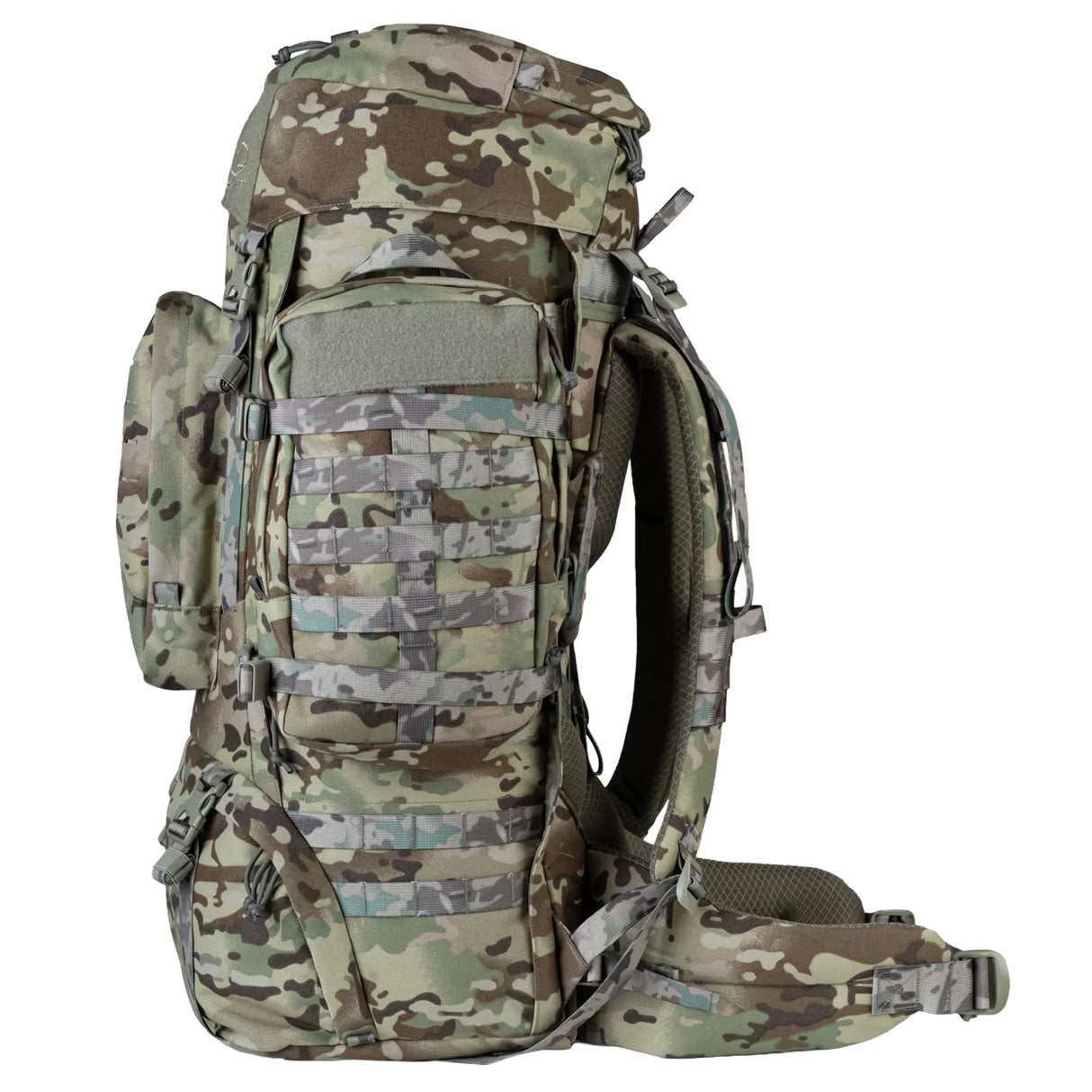 Highlander Pinnacle Rucksack 90L in HMTC Camo side on white background